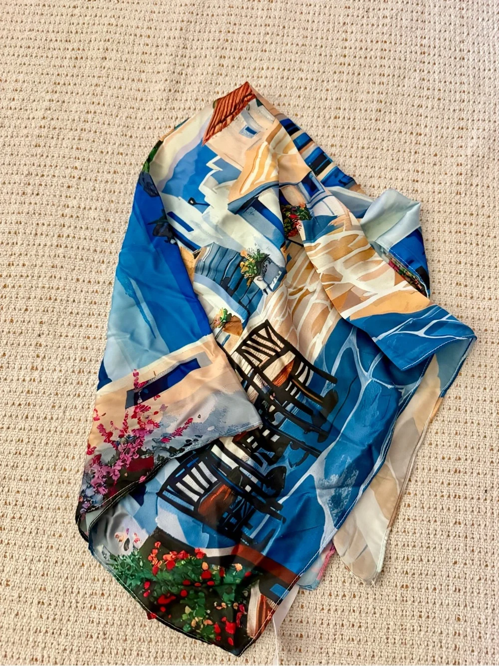 Souvenir Scarf Depicting a Mediterranean Street Scene. NWOT